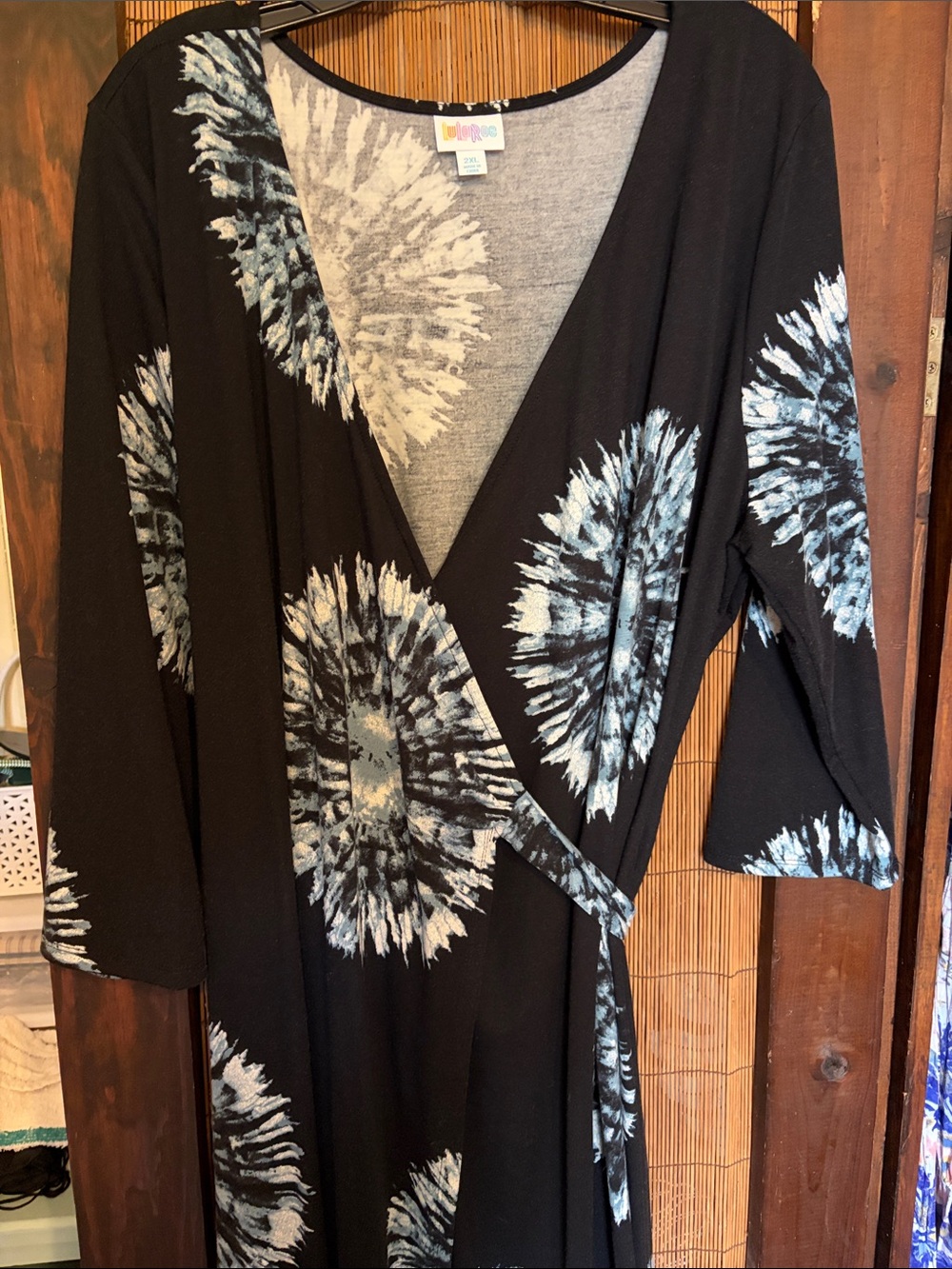 LuLaRoe Black Midi Dress with White and Light Blue Burst Print